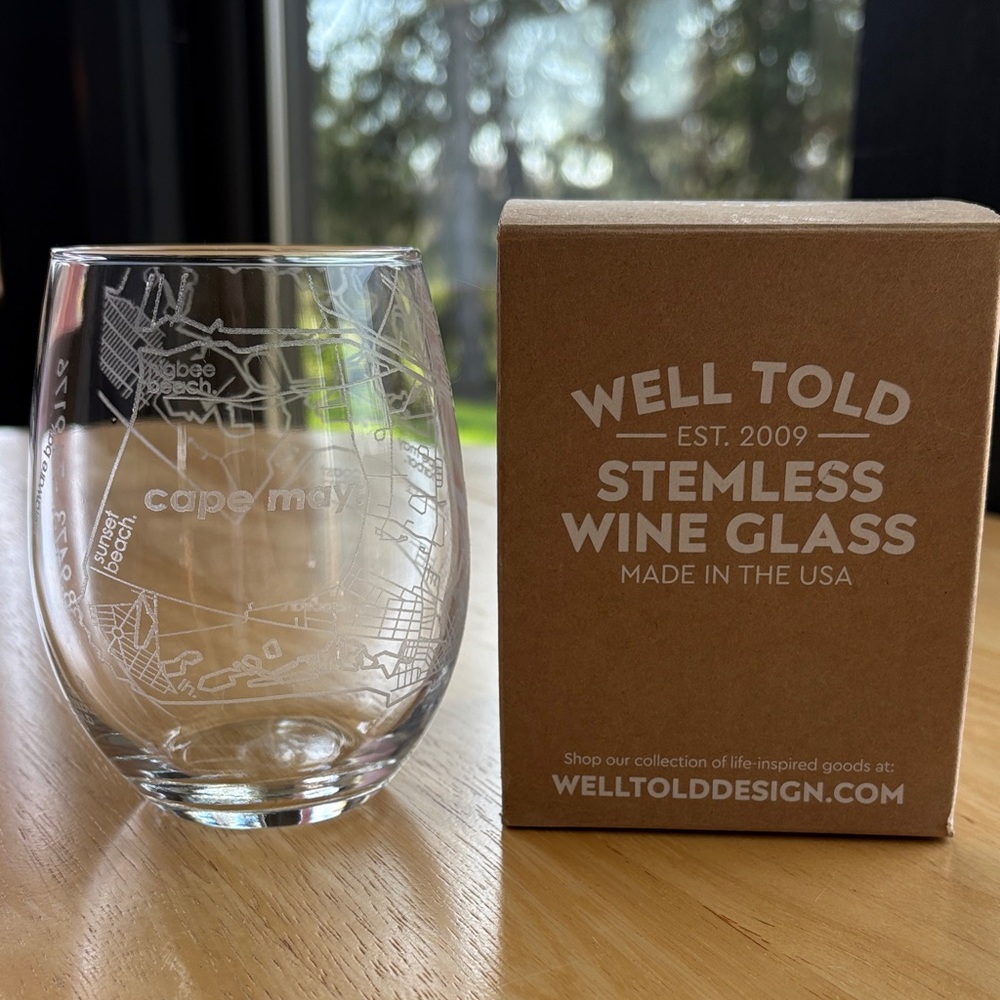 🍷 Cape May NJ Stemless Wine Glass. Well Told USA. 12 ounces